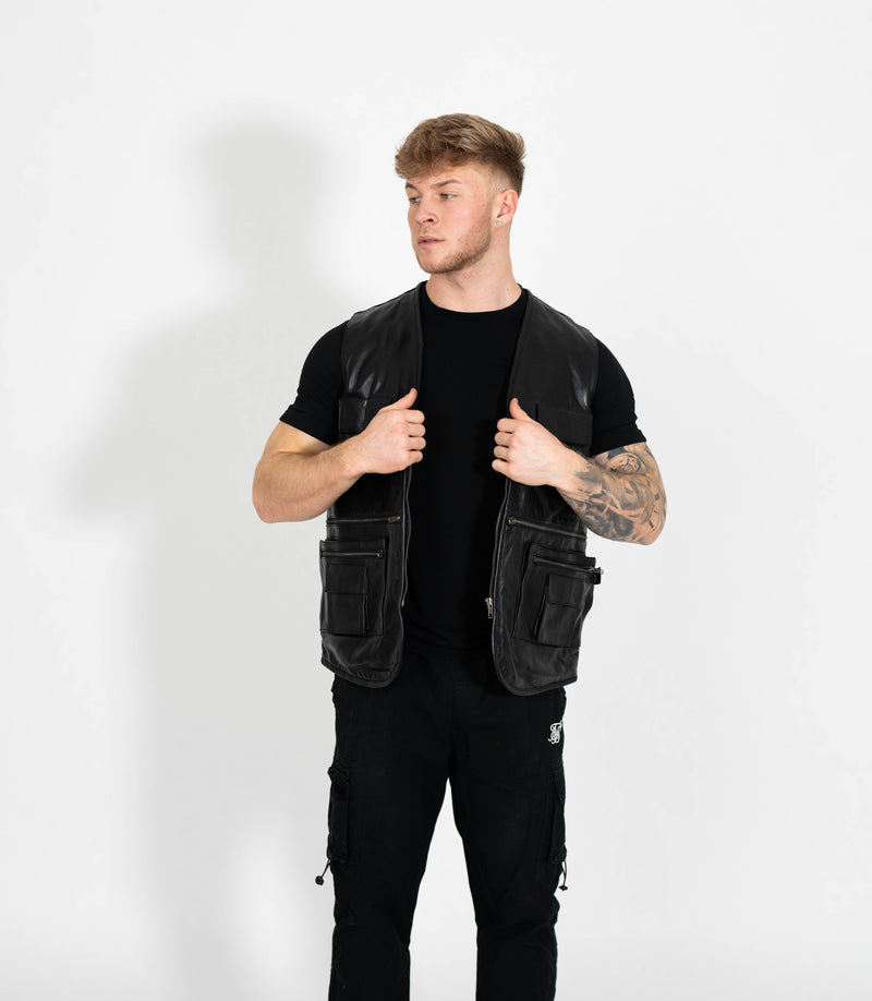 Men's Real Leather Multi Waistcoat - Black