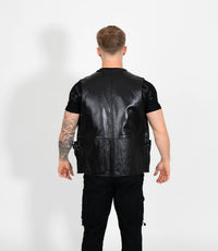 Men's Real Leather Multi Waistcoat - Black
