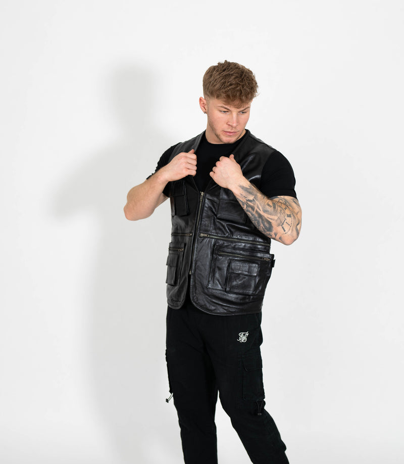 Men's Real Leather Multi Waistcoat - Black