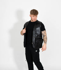 Men's Real Leather Multi Waistcoat - Black