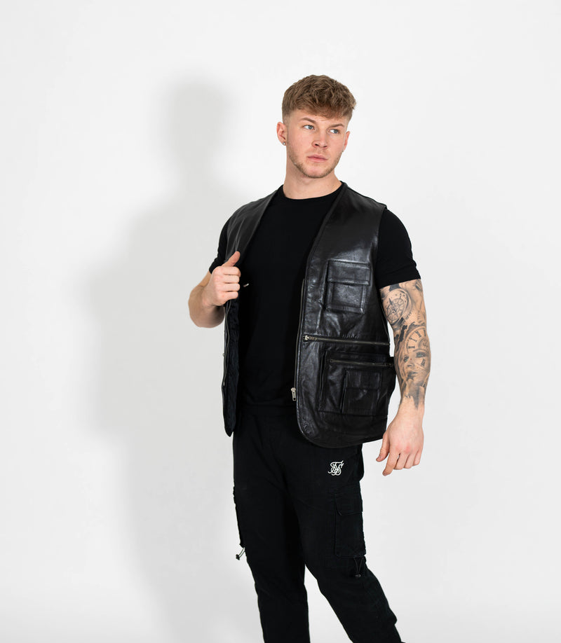 Men's Real Leather Multi Waistcoat - Black
