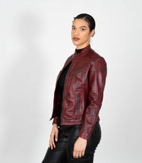 Women's Mandarin Collar Leather Biker Jacket