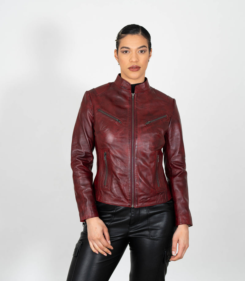 Women's Mandarin Collar Leather Biker Jacket