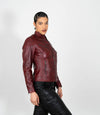 Women's Mandarin Collar Leather Biker Jacket