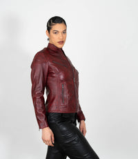 Women's Mandarin Collar Leather Biker Jacket