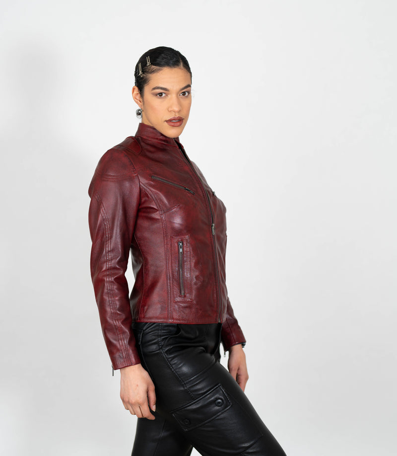 Women's Mandarin Collar Leather Biker Jacket