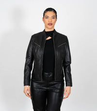 Women's Mandarin Collar Leather Biker Jacket