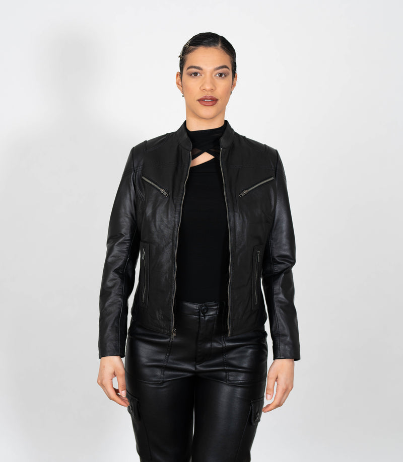 Women's Mandarin Collar Leather Biker Jacket