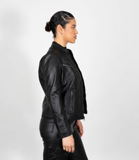 Women's Mandarin Collar Leather Biker Jacket