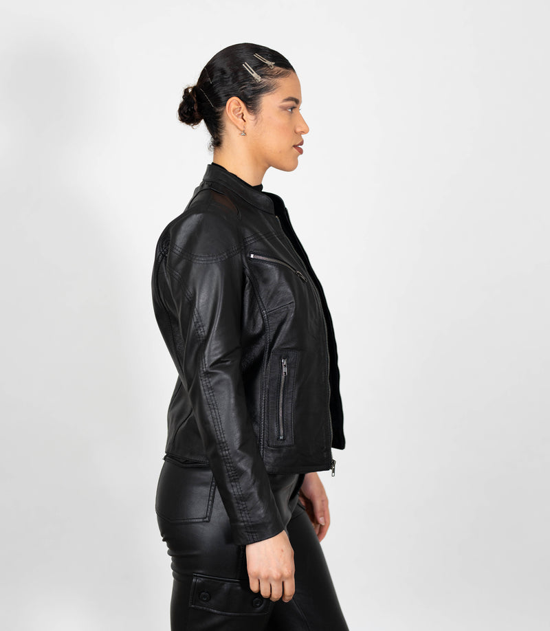Women's Mandarin Collar Leather Biker Jacket