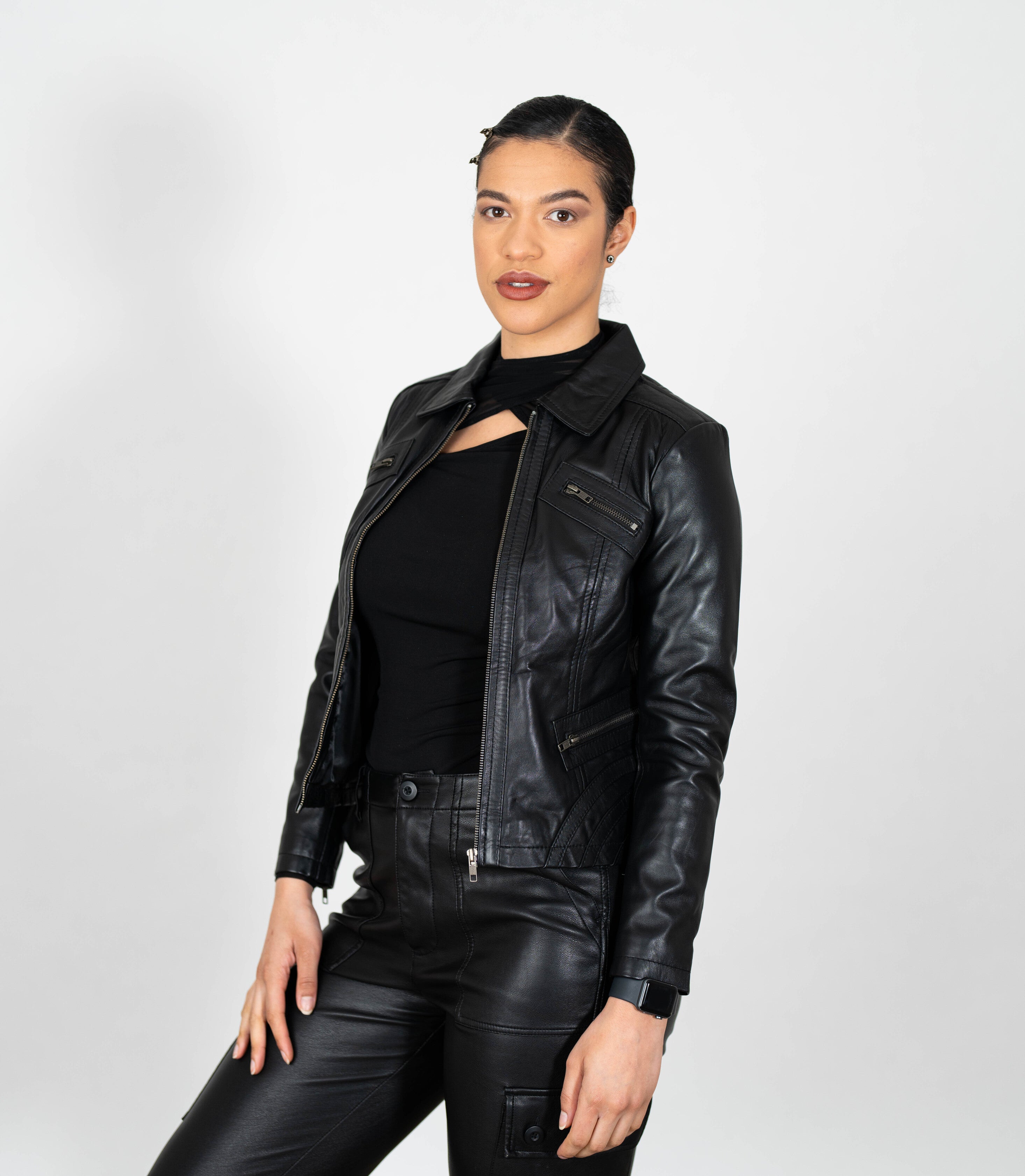 ÉPINE leather lady jacket black Women's Classic Leather Biker Zip Jacket - Black – Brick Lane