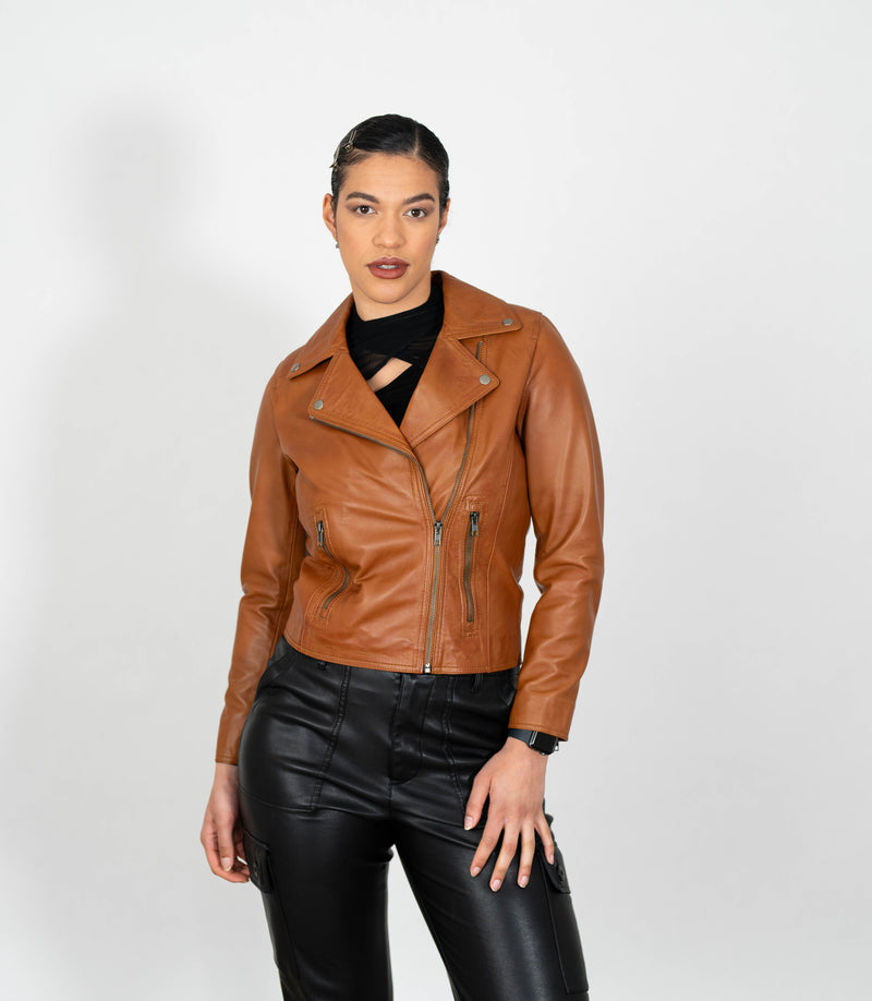 Women's Cross Zip Leather Biker Jacket