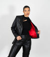 Women's Biker Style Cross Zip Leather Jacket w/ Red Lining - Black