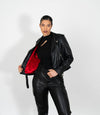 Women's Biker Style Cross Zip Leather Jacket w/ Red Lining - Black