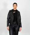 Women's Biker Style Cross Zip Leather Jacket w/ Red Lining - Black