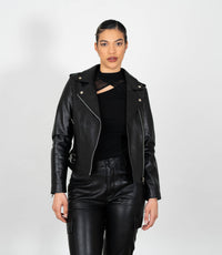 Women's Biker Style Cross Zip Leather Jacket w/ Red Lining - Black