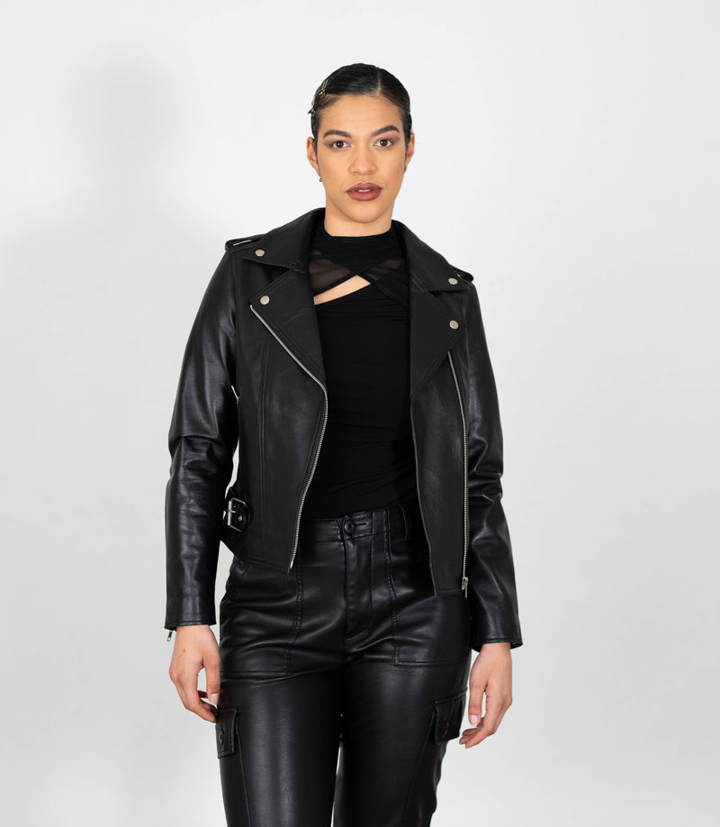 Women's Biker Style Cross Zip Leather Jacket w/ Red Lining - Black