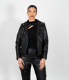 Women's Biker Style Cross Zip Leather Jacket w/ Red Lining - Black