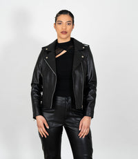 Women's Biker Style Cross Zip Leather Jacket w/ Red Lining - Black