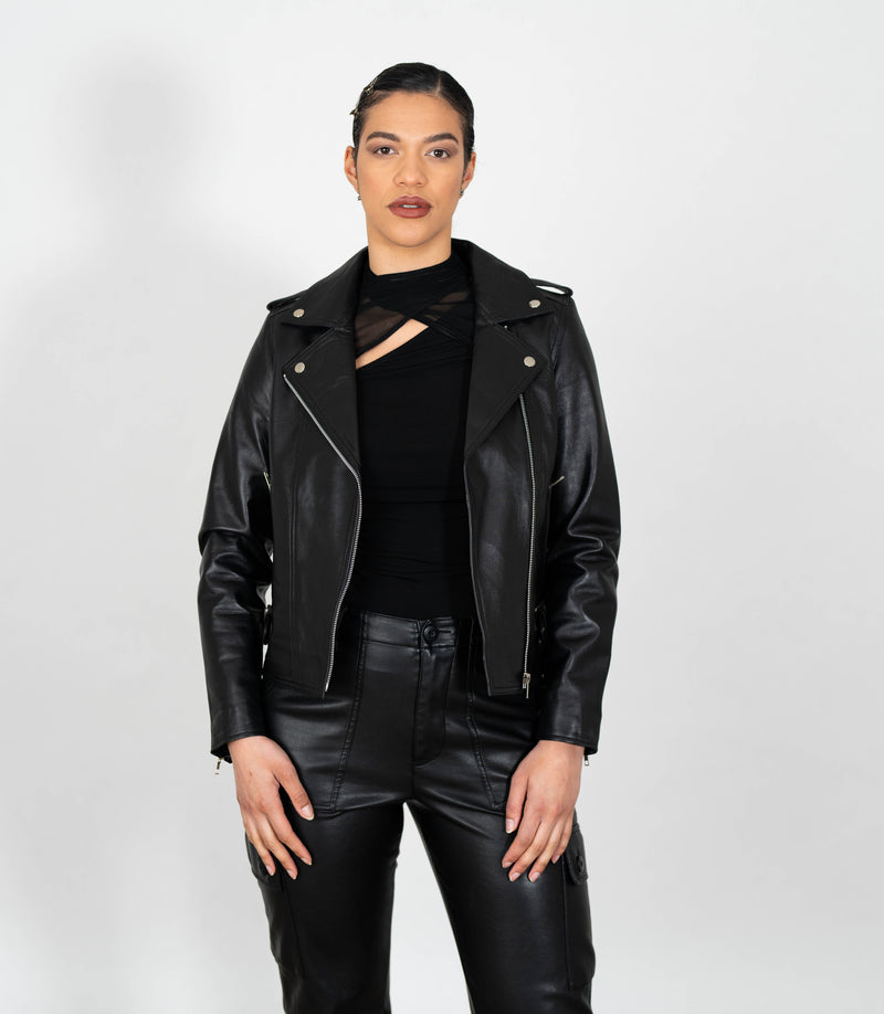 Women's Biker Style Cross Zip Leather Jacket w/ Red Lining - Black