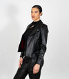 Women's Biker Style Cross Zip Leather Jacket w/ Red Lining - Black