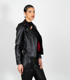 Women's Biker Style Cross Zip Leather Jacket w/ Red Lining - Black