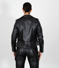 Women's Biker Style Cross Zip Leather Jacket w/ Red Lining - Black