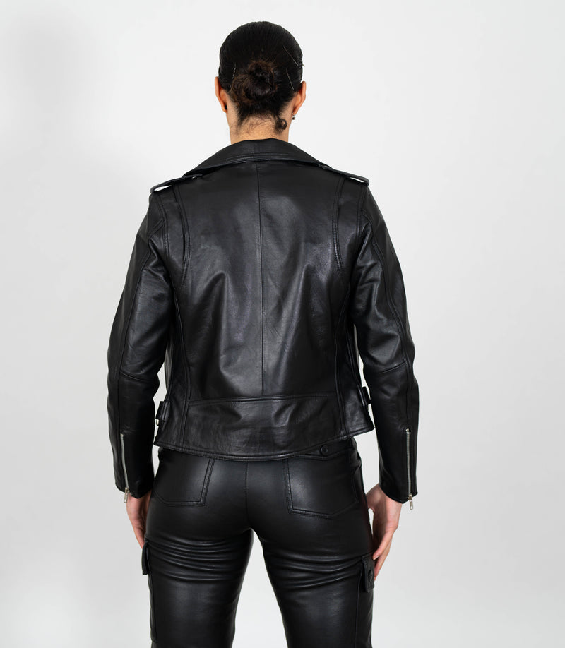 Women's Biker Style Cross Zip Leather Jacket w/ Red Lining - Black