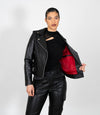 Women's Biker Style Cross Zip Leather Jacket w/ Red Lining - Black