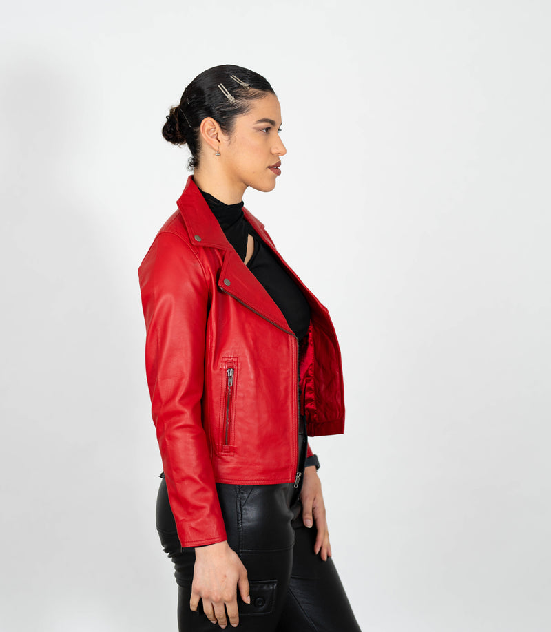Women's Cross Zip Leather Biker Jacket