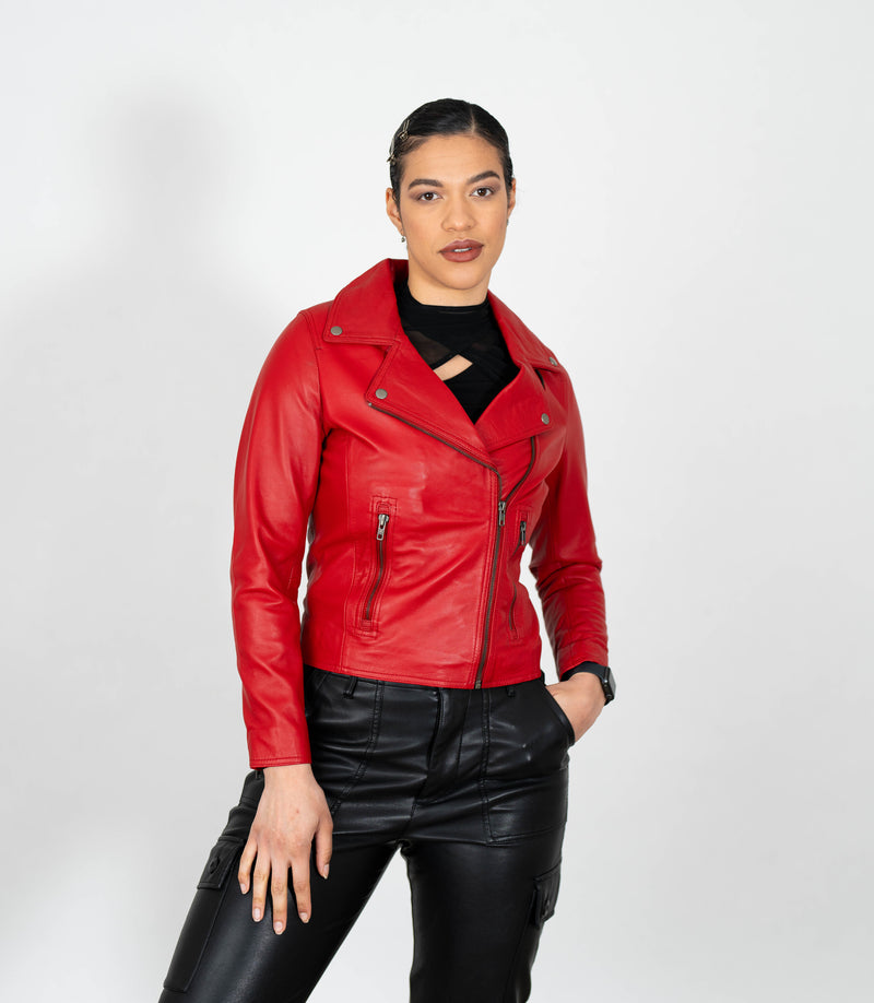 Women's Cross Zip Leather Biker Jacket