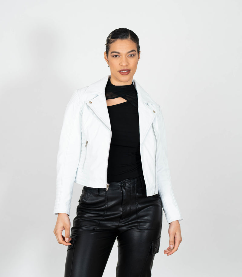 Women's Cross Zip Quilted Biker Style Leather Jacket