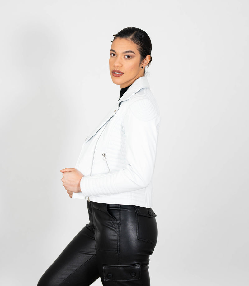 Women's Cross Zip Quilted Biker Style Leather Jacket