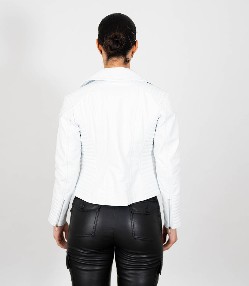 Women's Cross Zip Quilted Biker Style Leather Jacket