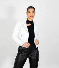 Women's Cross Zip Quilted Biker Style Leather Jacket