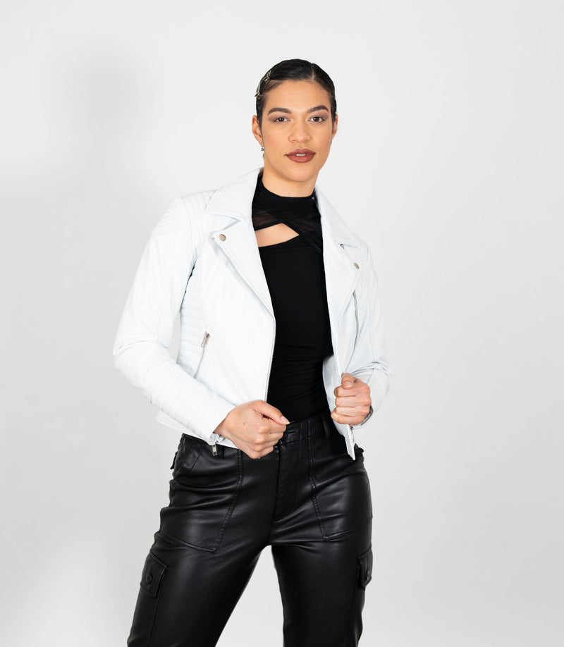 Women's Cross Zip Quilted Biker Style Leather Jacket