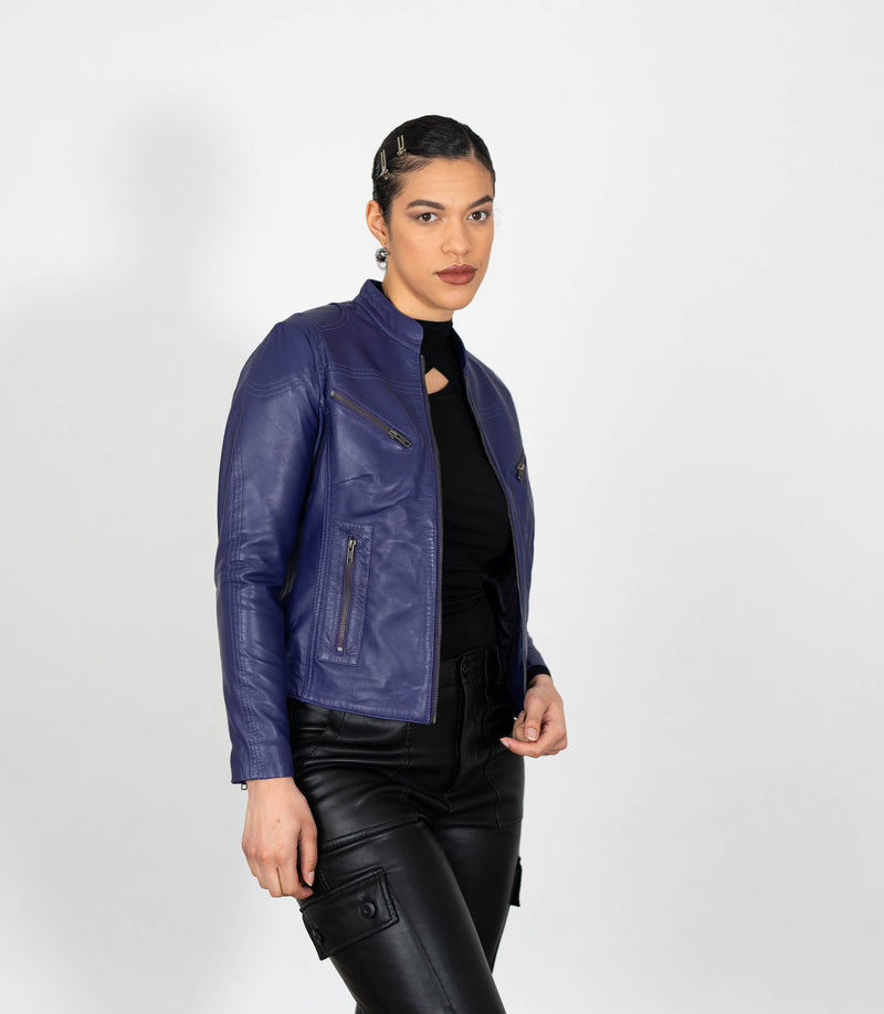 Women's Mandarin Collar Leather Biker Jacket
