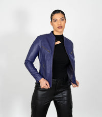 Women's Mandarin Collar Leather Biker Jacket
