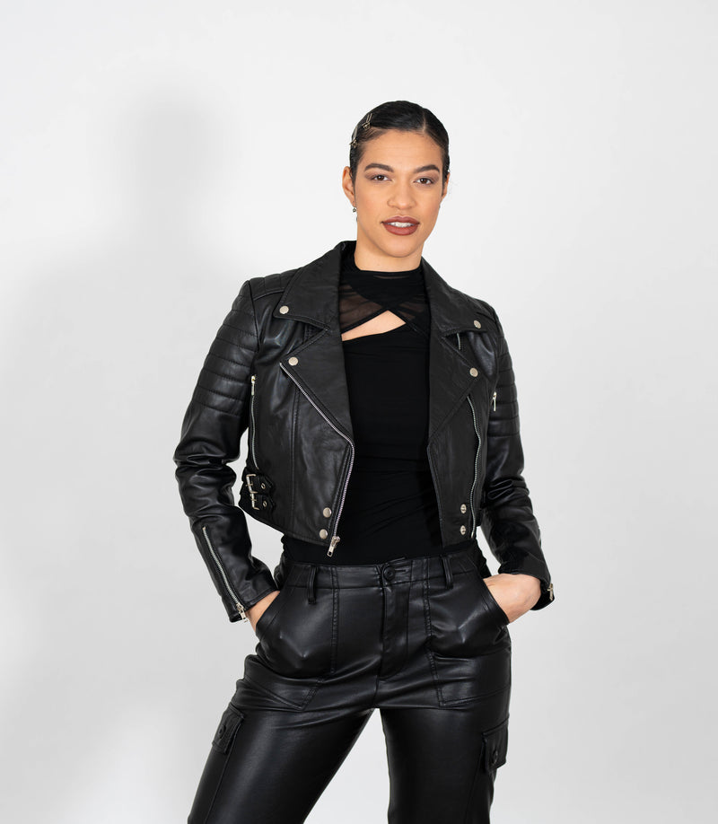 Women's Cropped Biker Style Leather Jacket