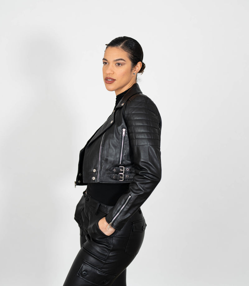 Women's Cropped Biker Style Leather Jacket