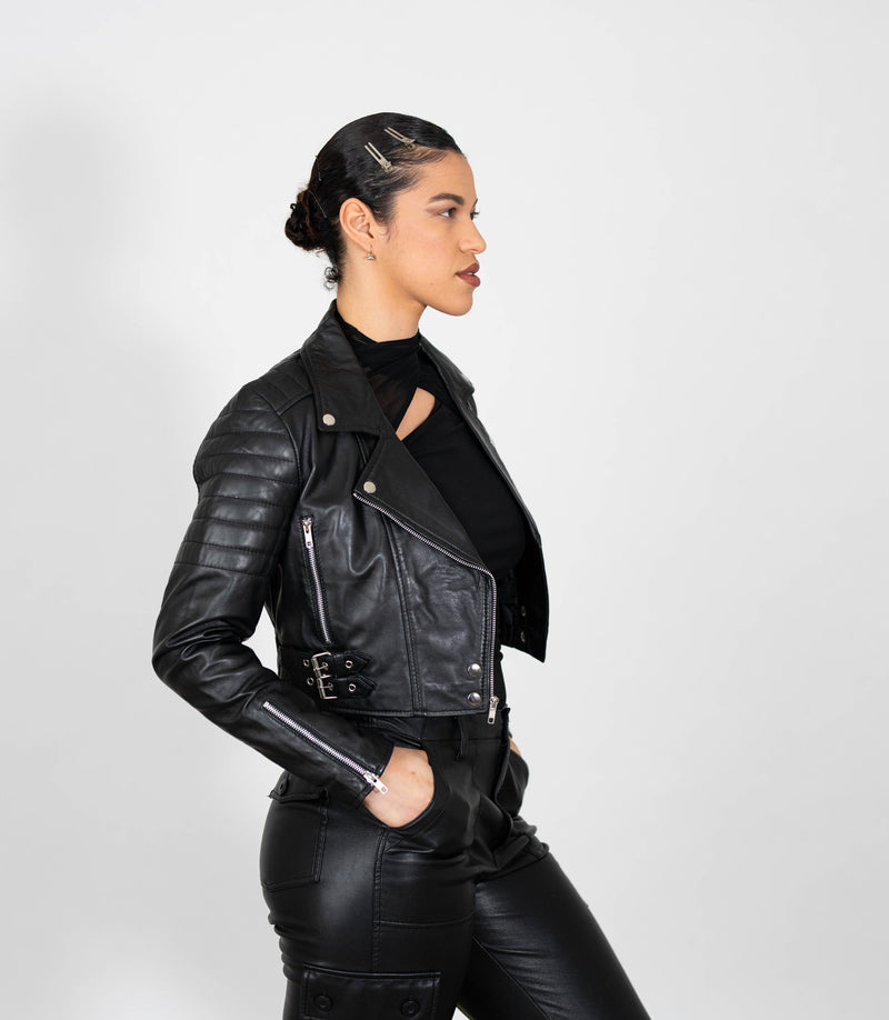 Women's Cropped Biker Style Leather Jacket