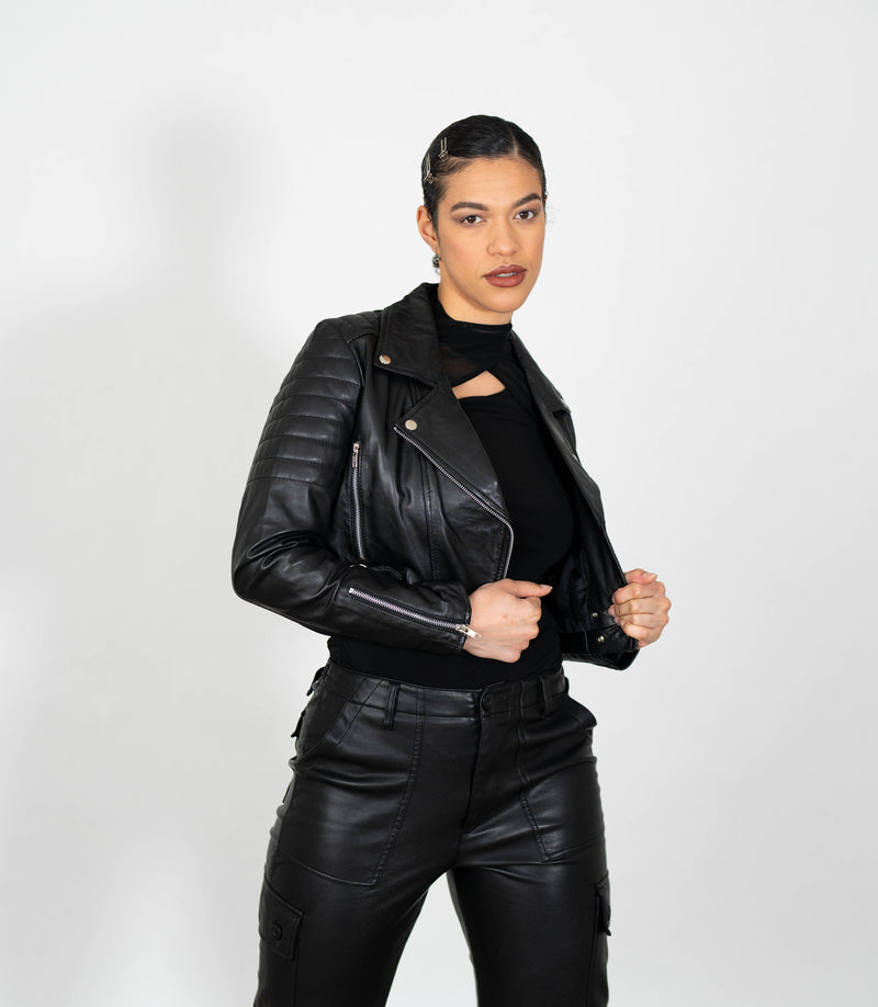 Women's Cropped Biker Style Leather Jacket
