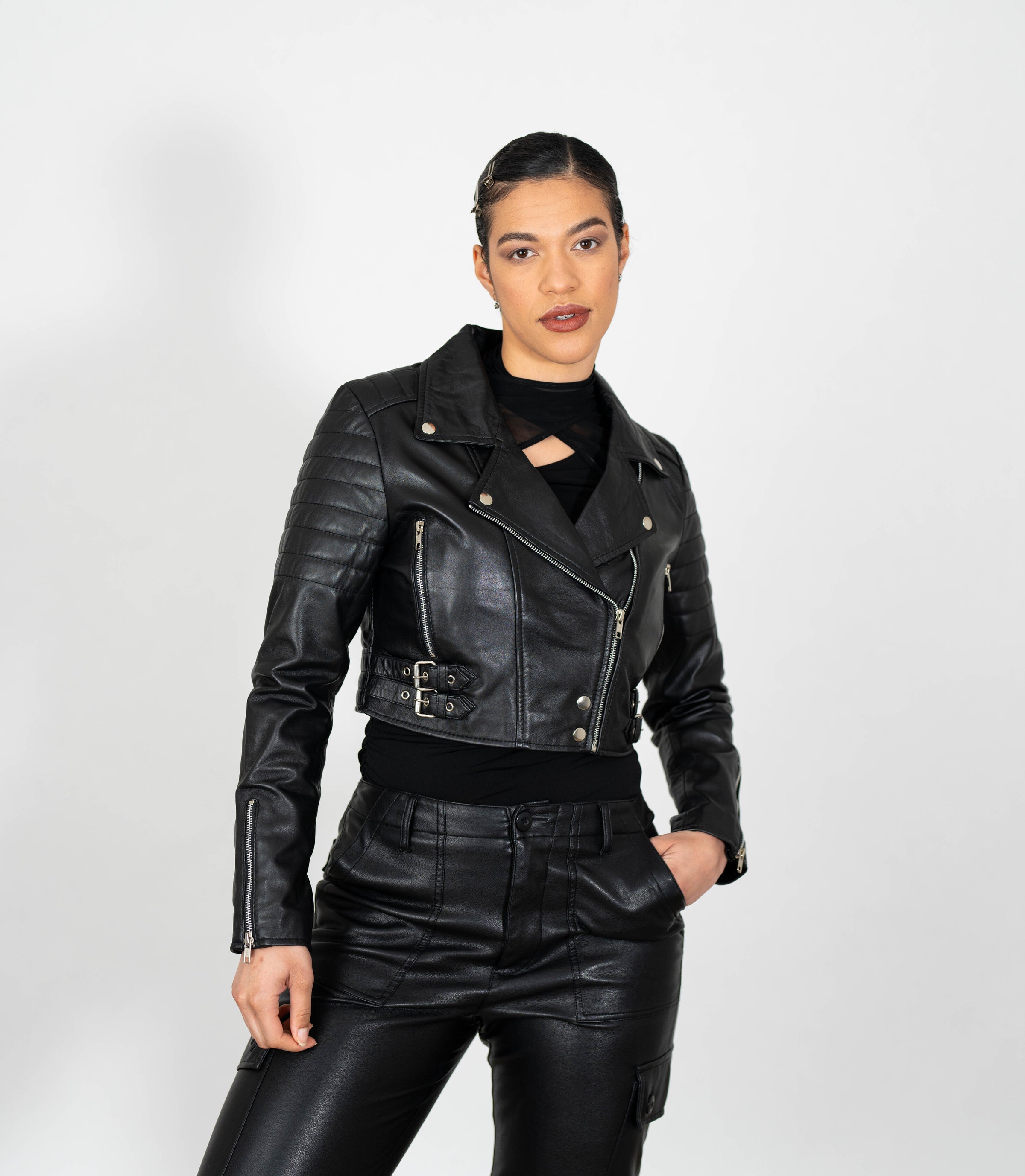 Women's Cropped Biker Style Leather Jacket Black – Brick Lane