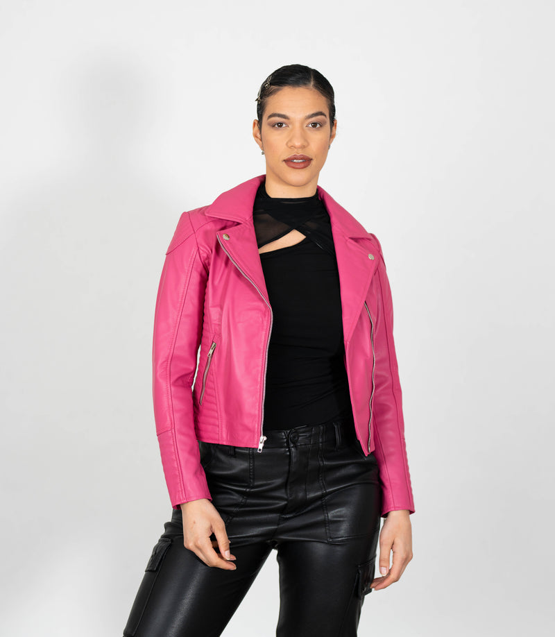 Women's Cross Zip Quilted Biker Style Leather Jacket