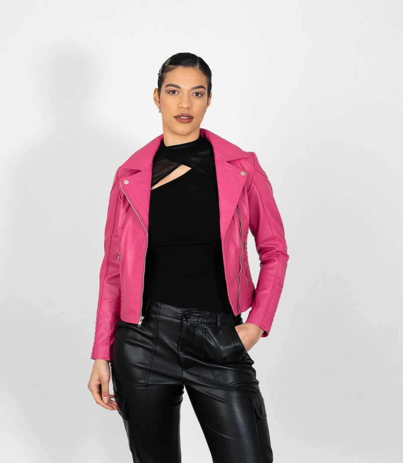 Women's Cross Zip Quilted Biker Style Leather Jacket