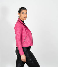 Women's Cross Zip Quilted Biker Style Leather Jacket