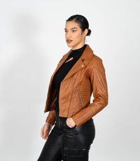 Women's Cross Zip Quilted Biker Style Leather Jacket