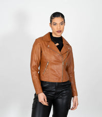 Women's Cross Zip Quilted Biker Style Leather Jacket