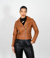 Women's Cross Zip Quilted Biker Style Leather Jacket