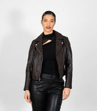 Women's Cross Zip Quilted Biker Style Leather Jacket